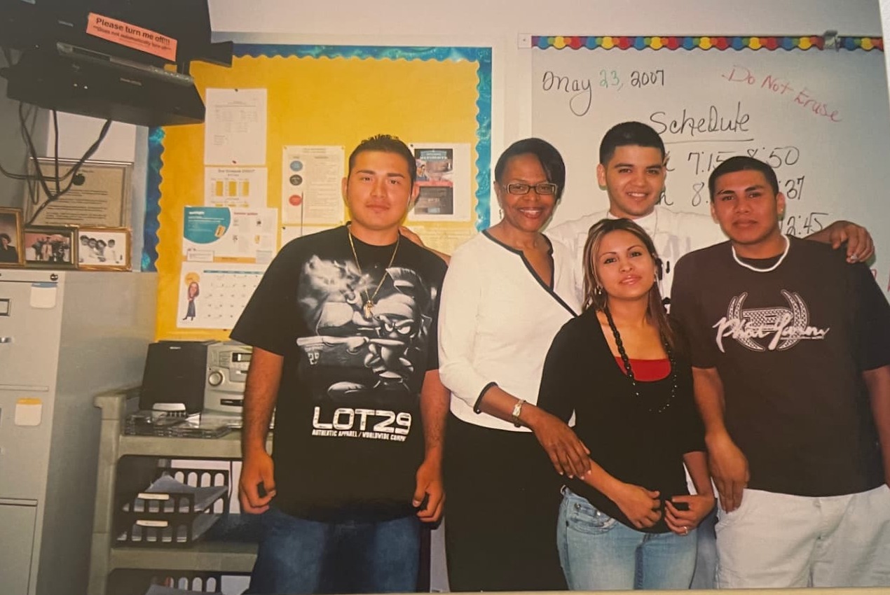 Marilyn with her ESOL students in the classroom, May 2007